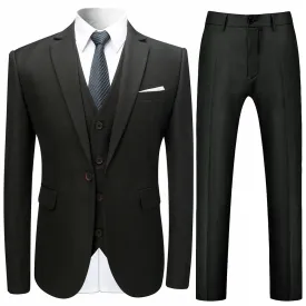 3-Piece Slim Fit Solid Black Smart Wedding Formal Suit