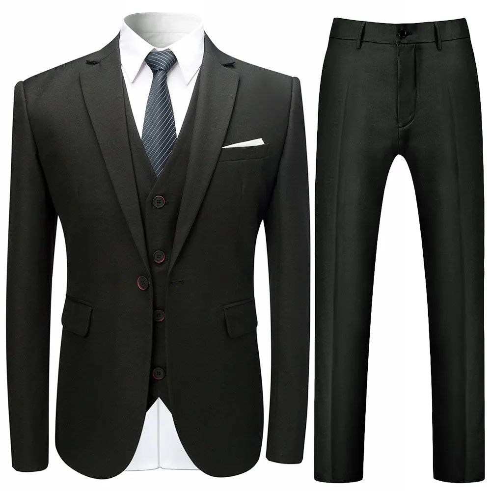 3-Piece Slim Fit Solid Black Smart Wedding Formal Suit