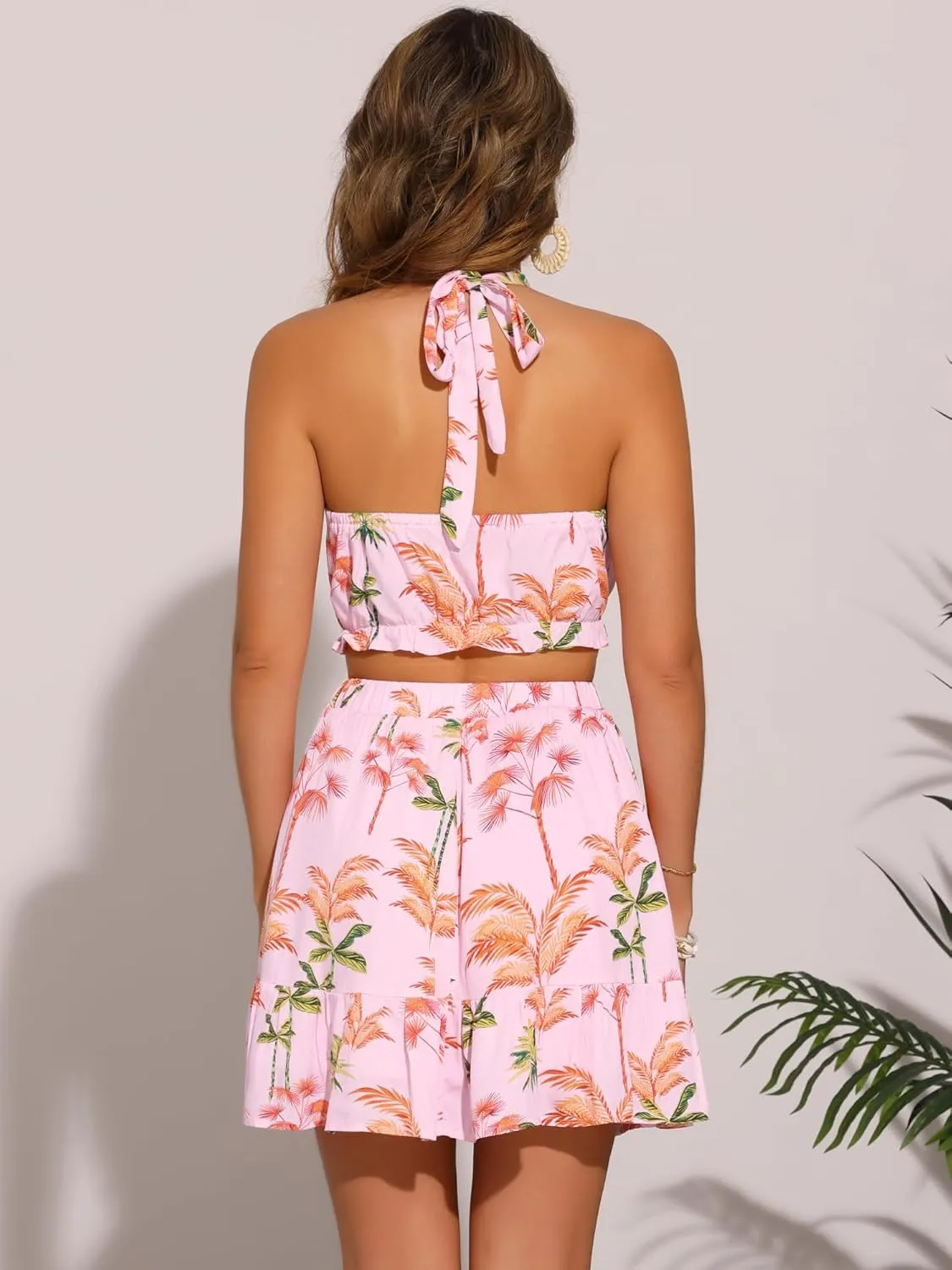Allegra K Women's 2 Piece Outfits Floral Halter Neck Sleeveless Crop Top with Short Skirt Set