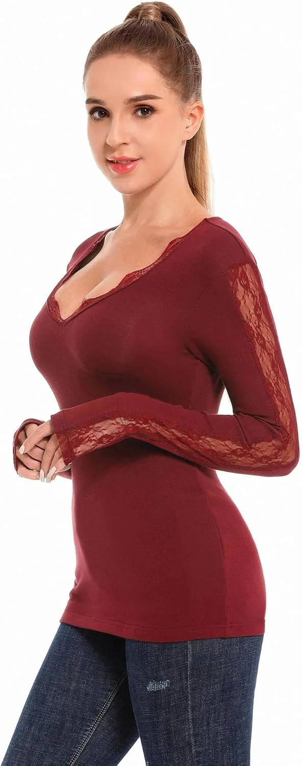 AmlieBoutik Women V Neck Floral Lace Trim Inset Long Sleeve Blouse Top