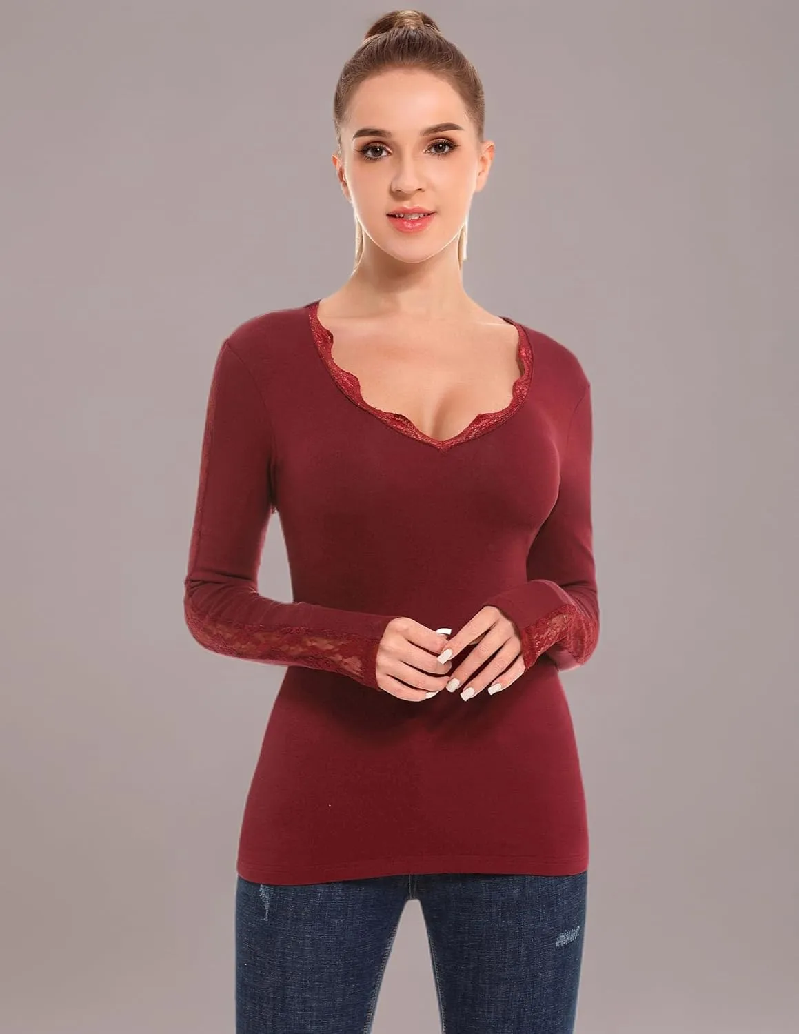 AmlieBoutik Women V Neck Floral Lace Trim Inset Long Sleeve Blouse Top