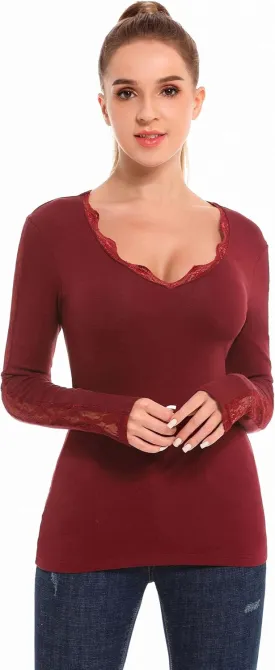 AmlieBoutik Women V Neck Floral Lace Trim Inset Long Sleeve Blouse Top