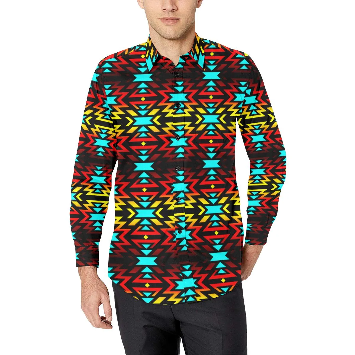 Black Fire and Turquoise Men's Casual Dress Shirt