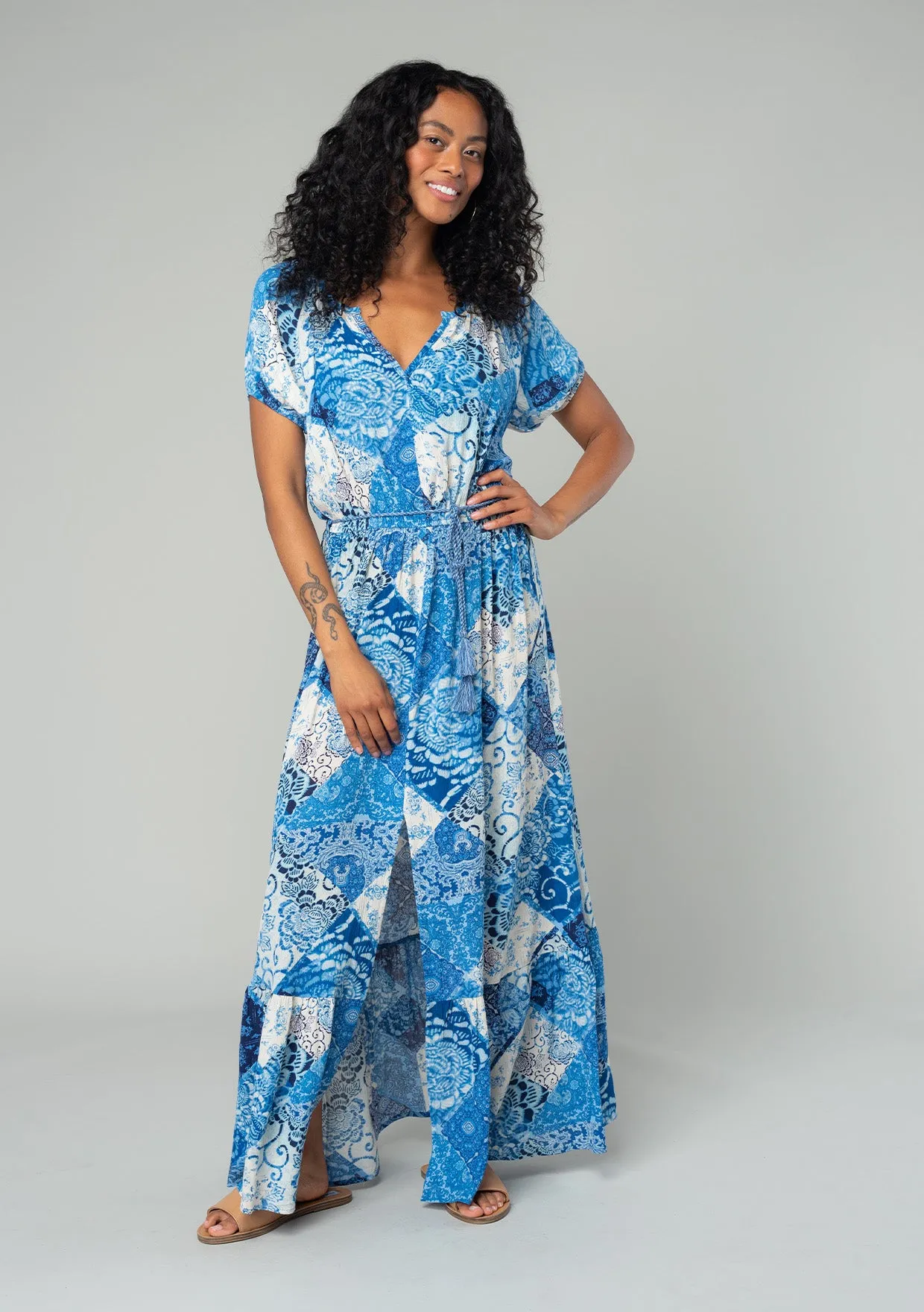 Bohemian Floral Patchwork Short Sleeve Maxi Dress
