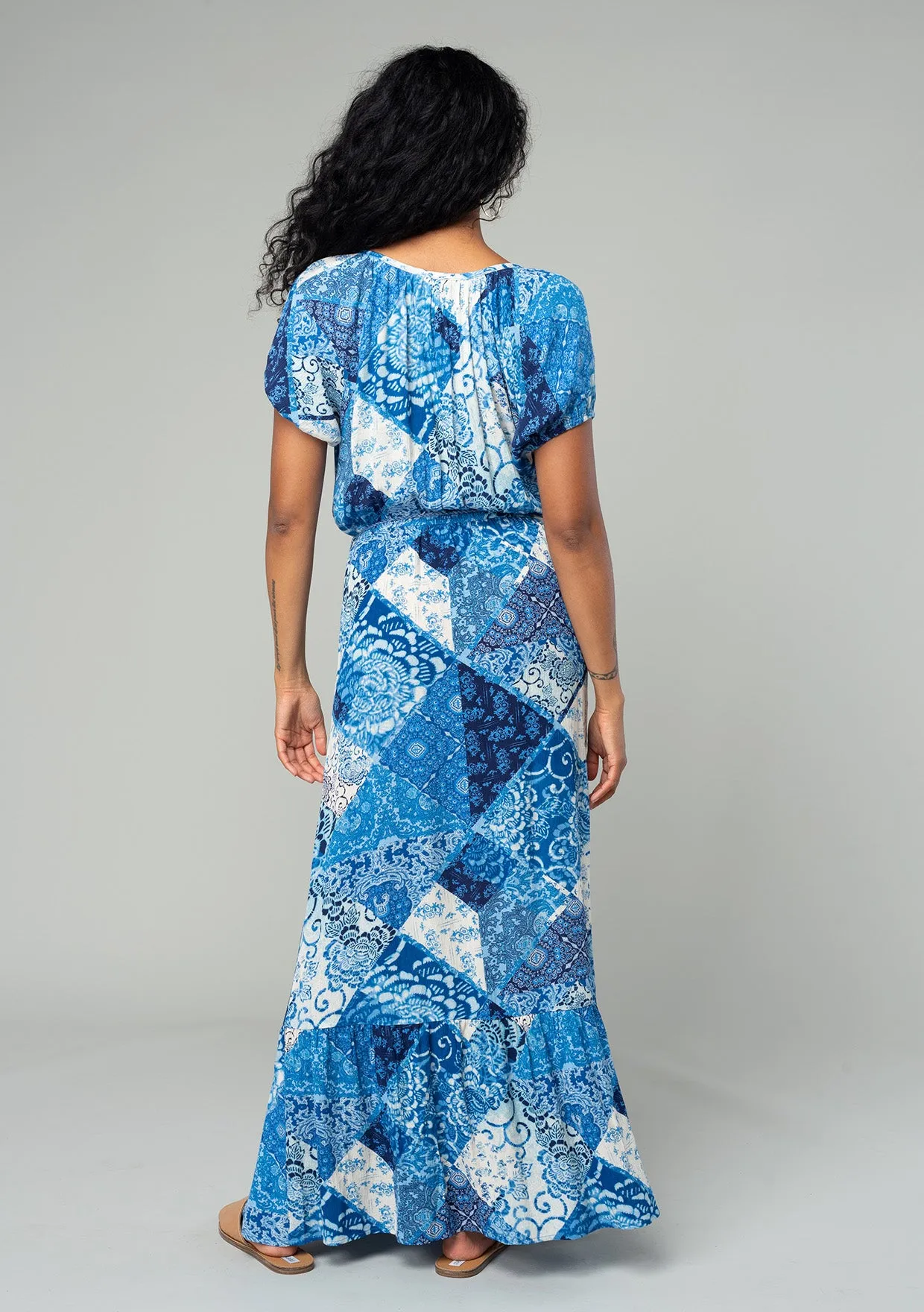 Bohemian Floral Patchwork Short Sleeve Maxi Dress