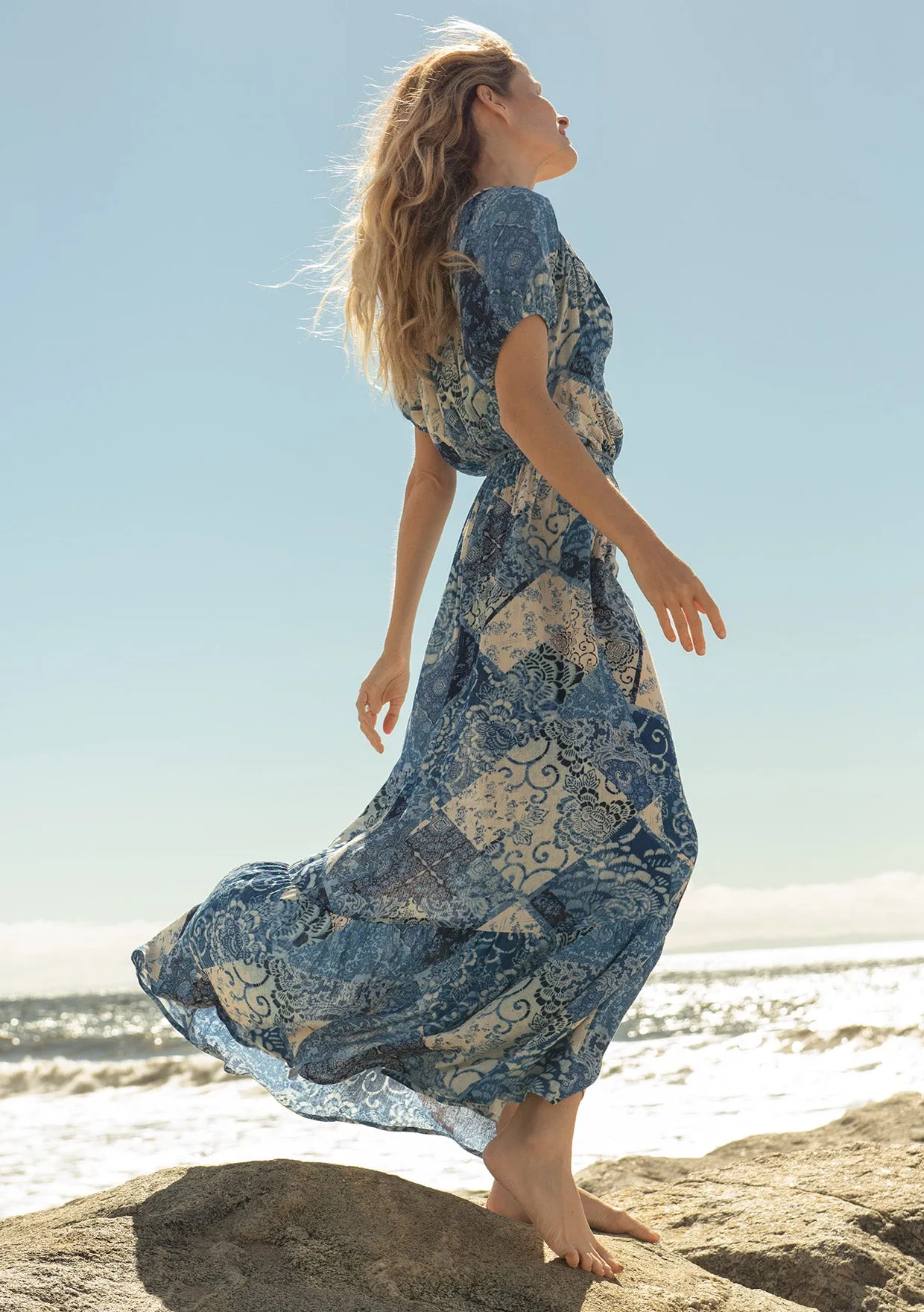 Bohemian Floral Patchwork Short Sleeve Maxi Dress