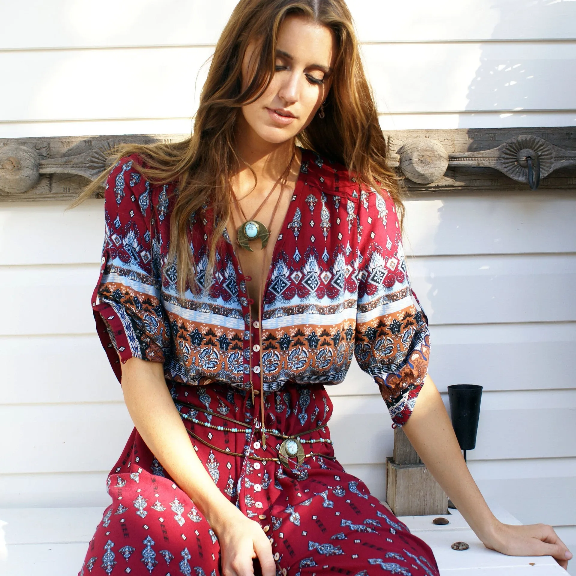 Bohemian Print Dress - Red wine & Green