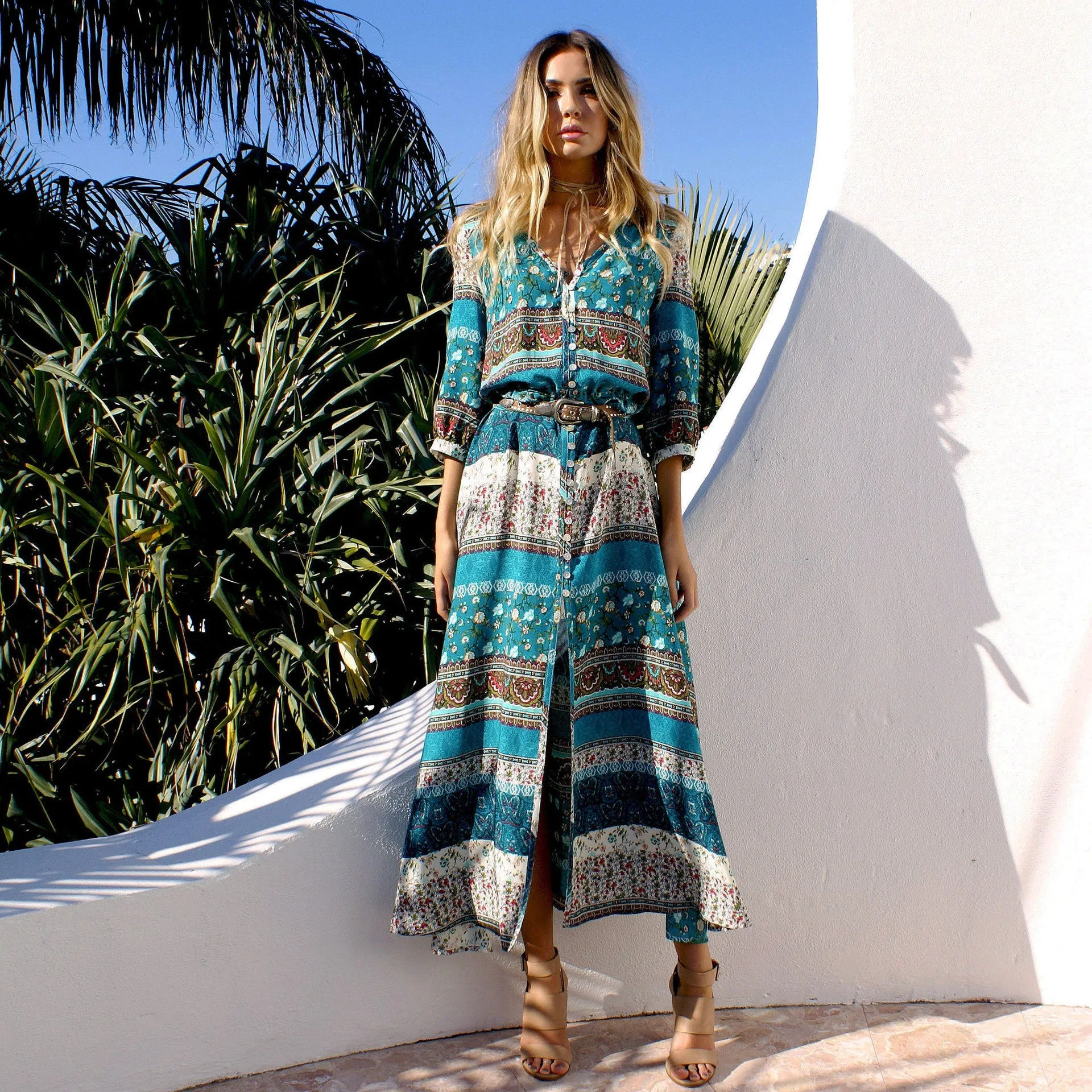 Bohemian Print Dress - Red wine & Green