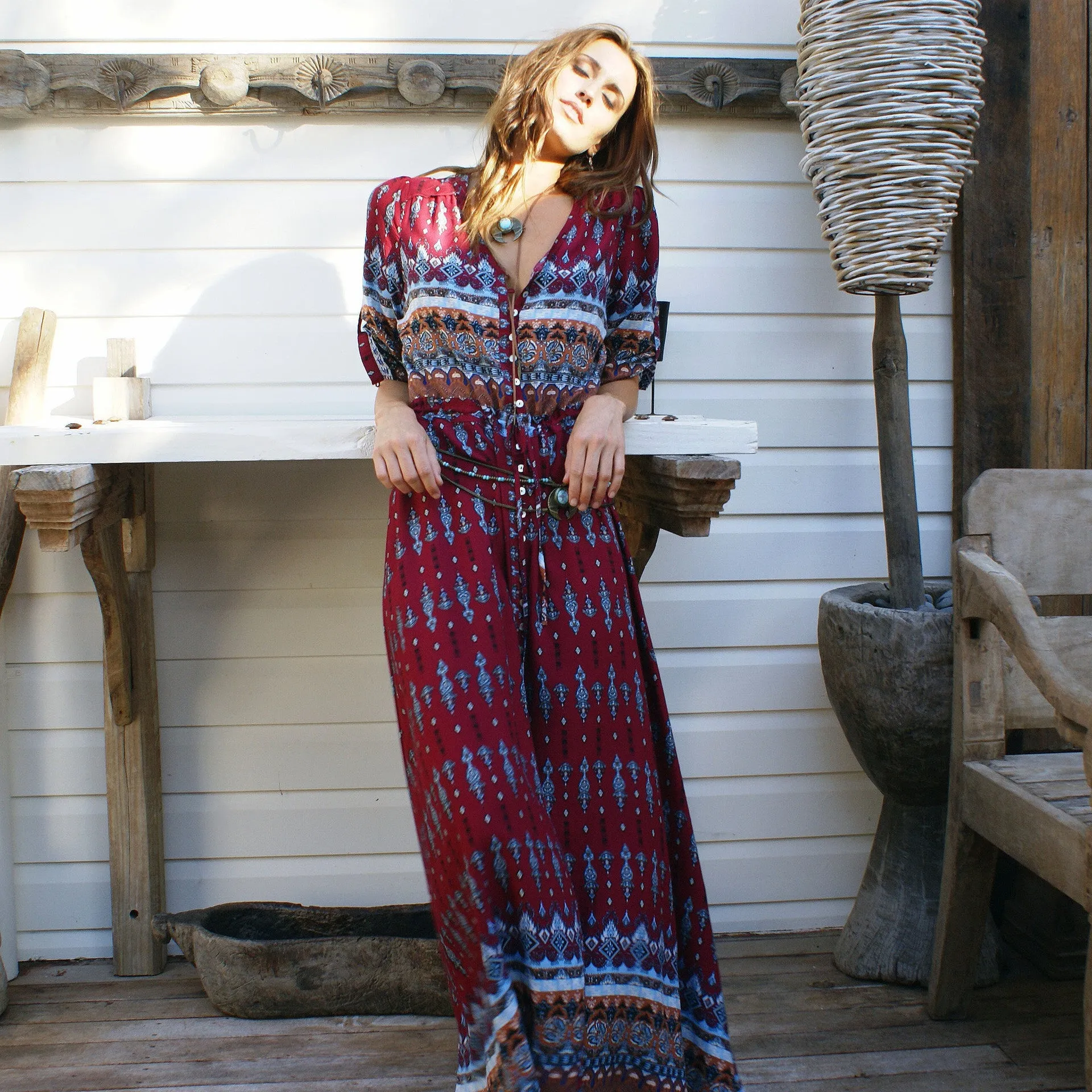 Bohemian Print Dress - Red wine & Green