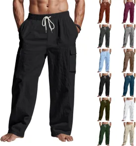 Cargo Linen Pants Men Drawstring Elastic Waist Baggy Summer Pants Lightweight Beach Yoga Lounge Pant with Pockets