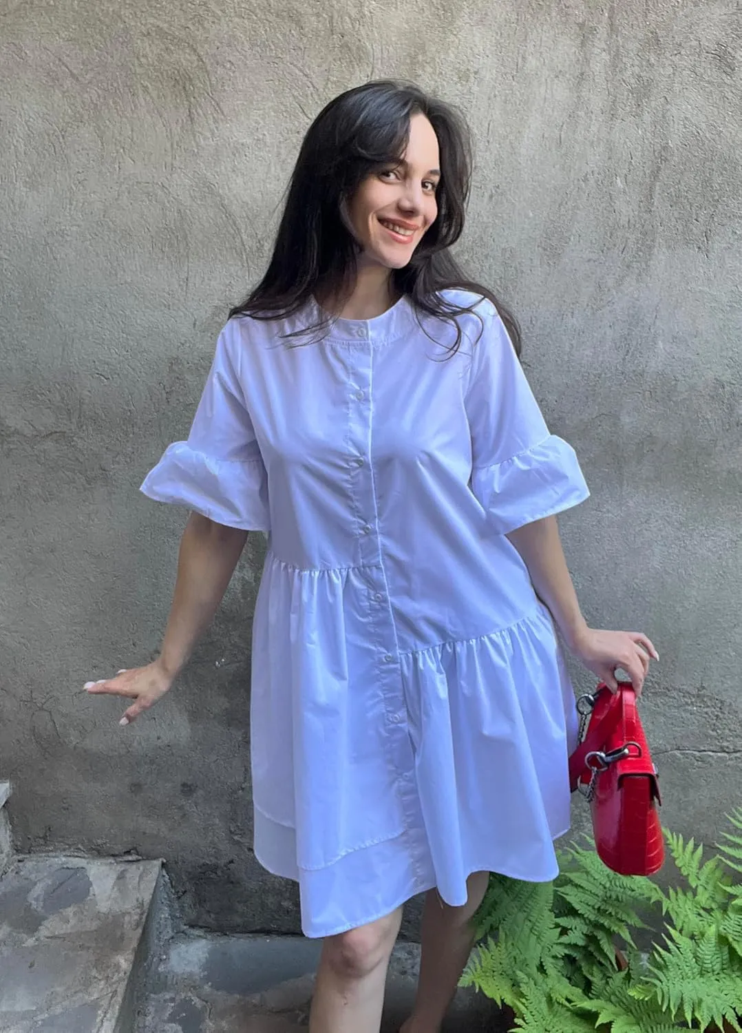 Choichic Button Down Shirt Dresses for Women with Pockets Flare Bell Sleeve A-Line Midi Tunic Dress