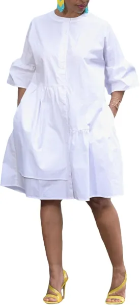 Choichic Button Down Shirt Dresses for Women with Pockets Flare Bell Sleeve A-Line Midi Tunic Dress