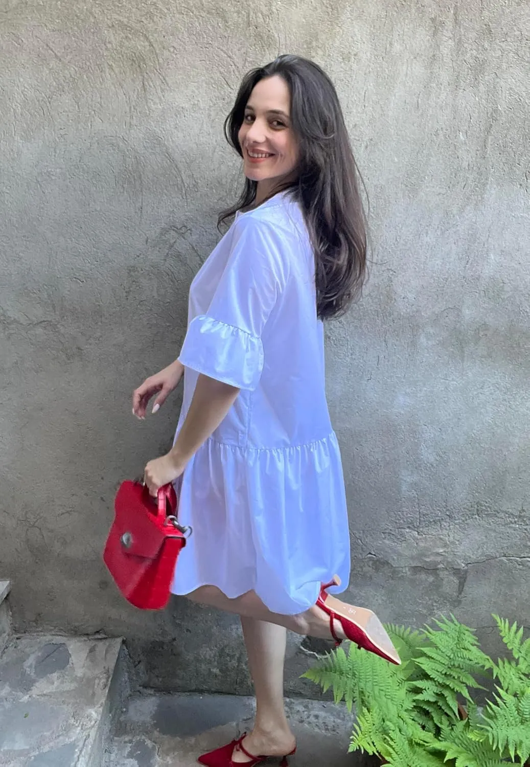 Choichic Button Down Shirt Dresses for Women with Pockets Flare Bell Sleeve A-Line Midi Tunic Dress
