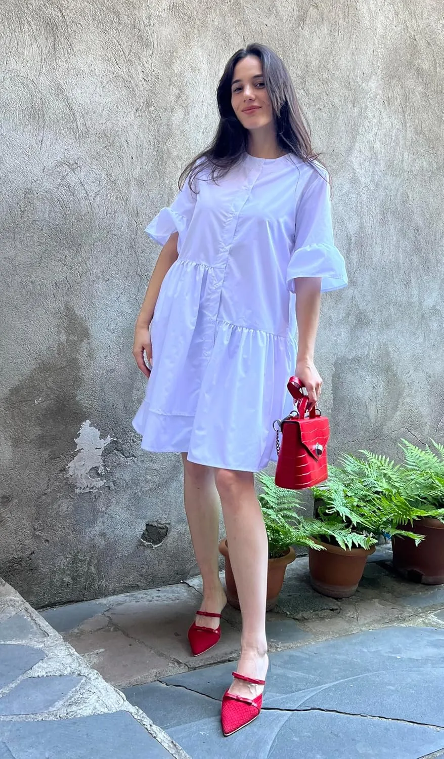 Choichic Button Down Shirt Dresses for Women with Pockets Flare Bell Sleeve A-Line Midi Tunic Dress