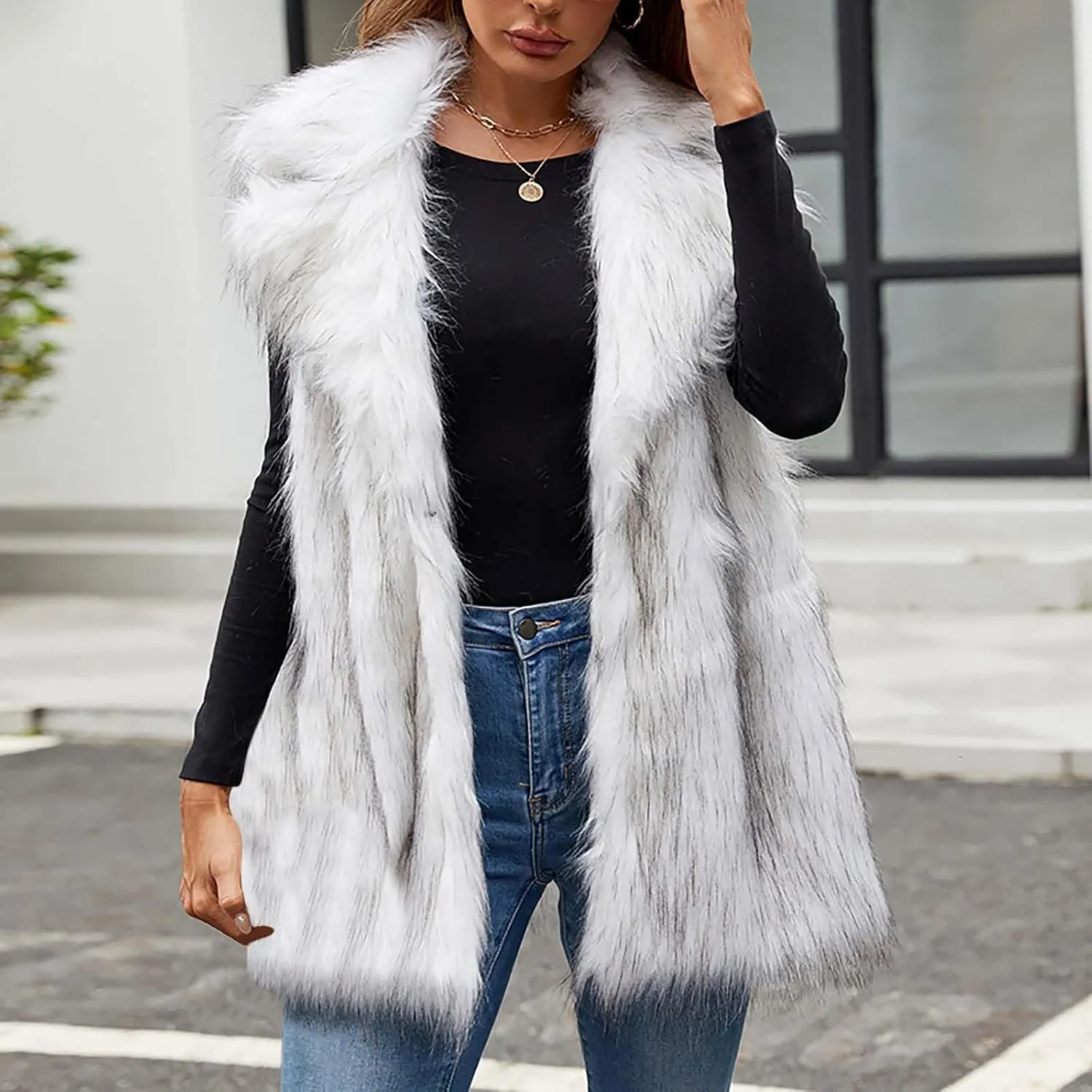 DDAPJ pyju Faux Fur Vest Jacket for Women Sleeveless Open Front Winter Warm Waistcoat Fluffy Fuzzy Gilet Coat Outerwear