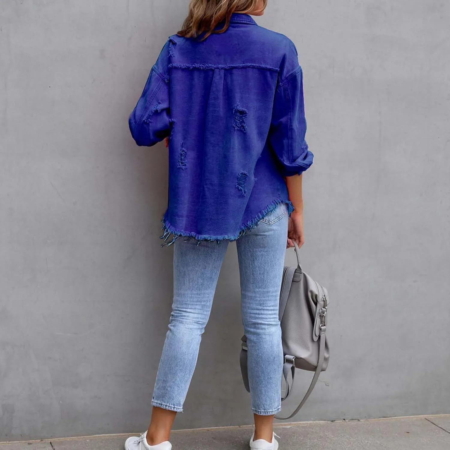 Denim Jacket for Women Oversized Frayed Hem Jean Jacket Ripped Distressed Shacket Casual Button Down Boyfriend Shirt