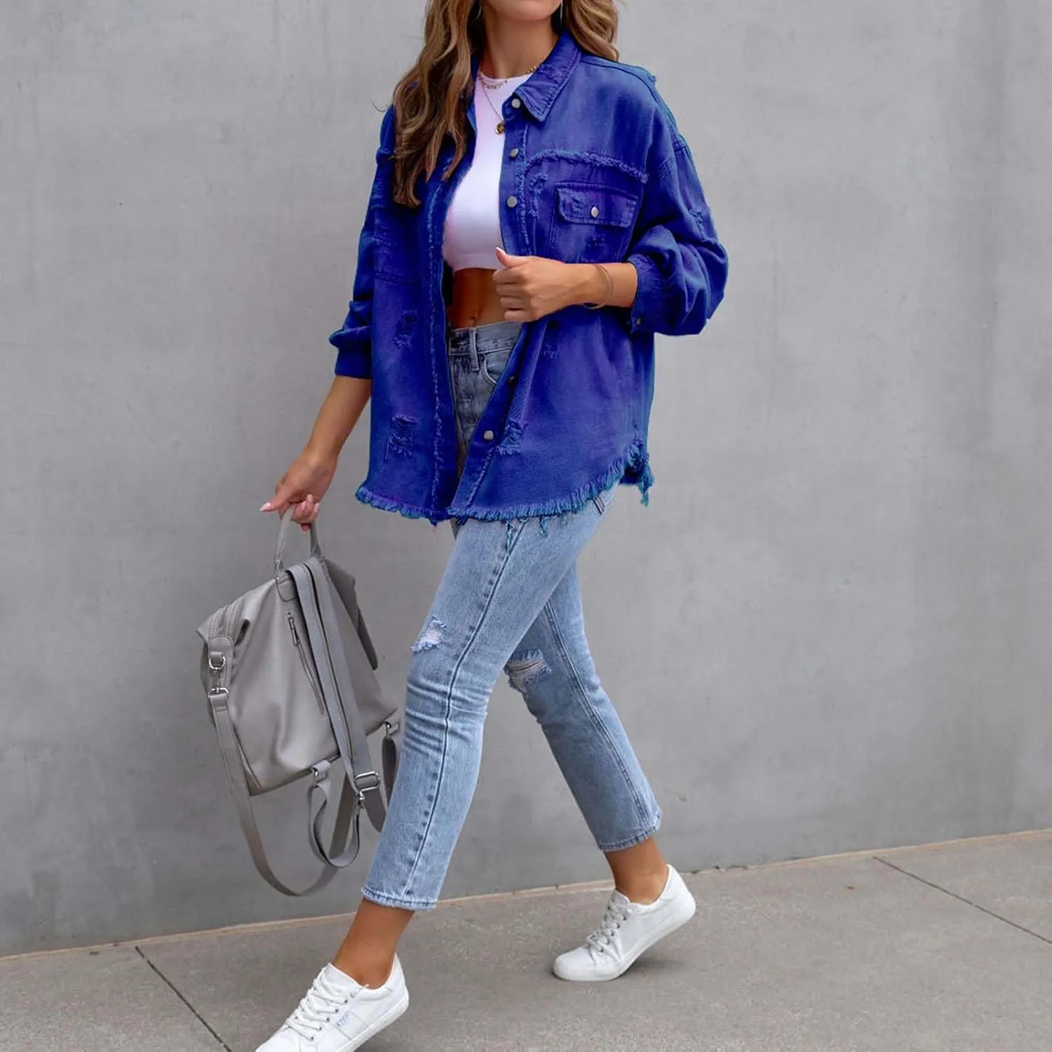 Denim Jacket for Women Oversized Frayed Hem Jean Jacket Ripped Distressed Shacket Casual Button Down Boyfriend Shirt