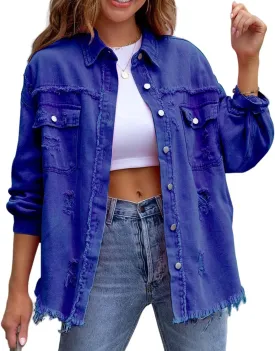 Denim Jacket for Women Oversized Frayed Hem Jean Jacket Ripped Distressed Shacket Casual Button Down Boyfriend Shirt