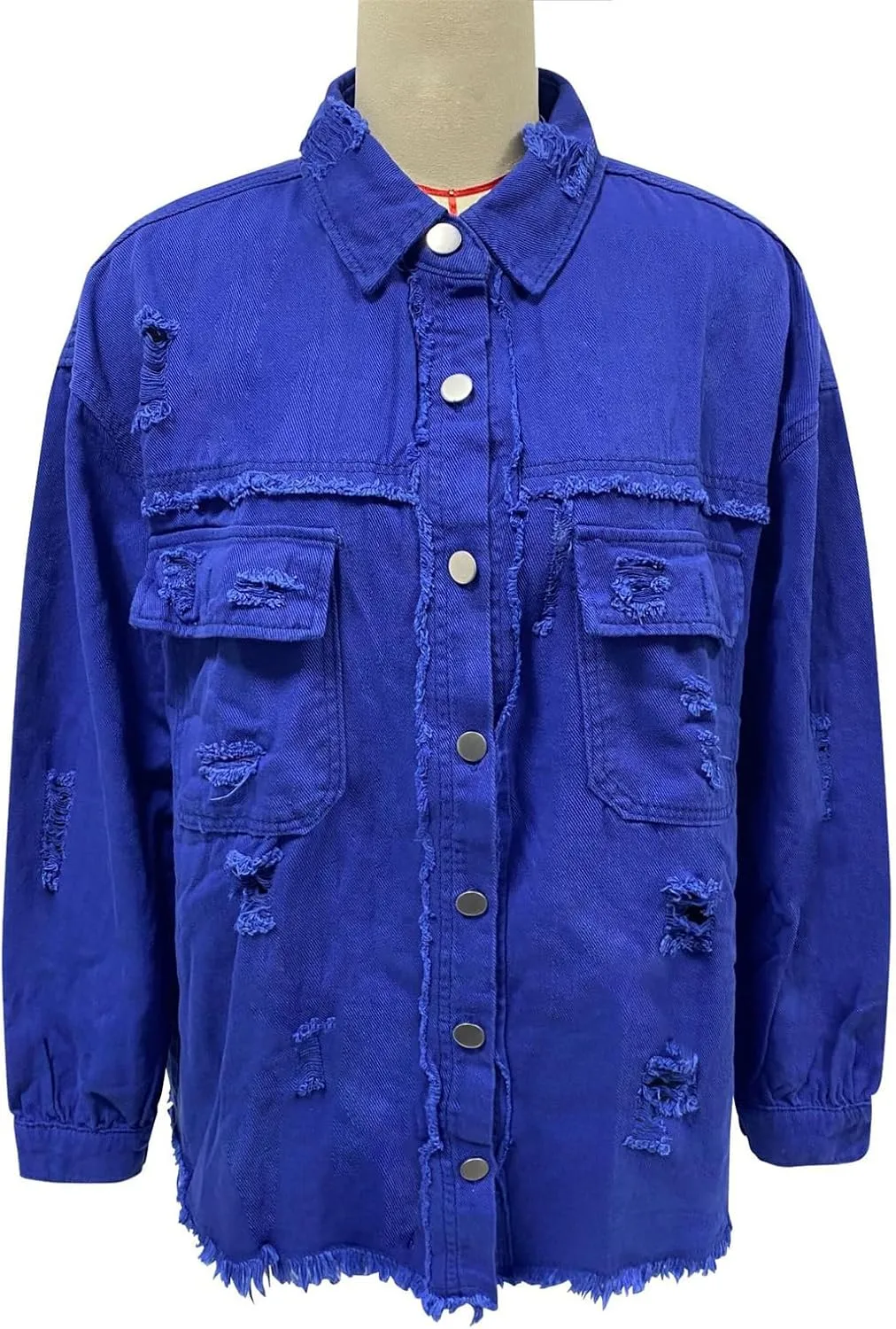 Denim Jacket for Women Oversized Frayed Hem Jean Jacket Ripped Distressed Shacket Casual Button Down Boyfriend Shirt
