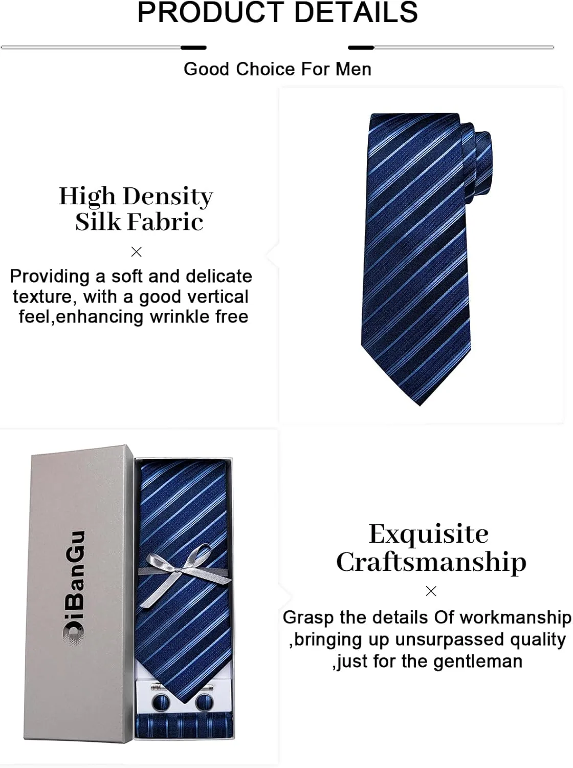 DiBanGu Mens Striped Tie Silk Woven Necktie and Pocket Square Cufflinks Tie Clip Set Wedding Business Formal Gift Tie for Men