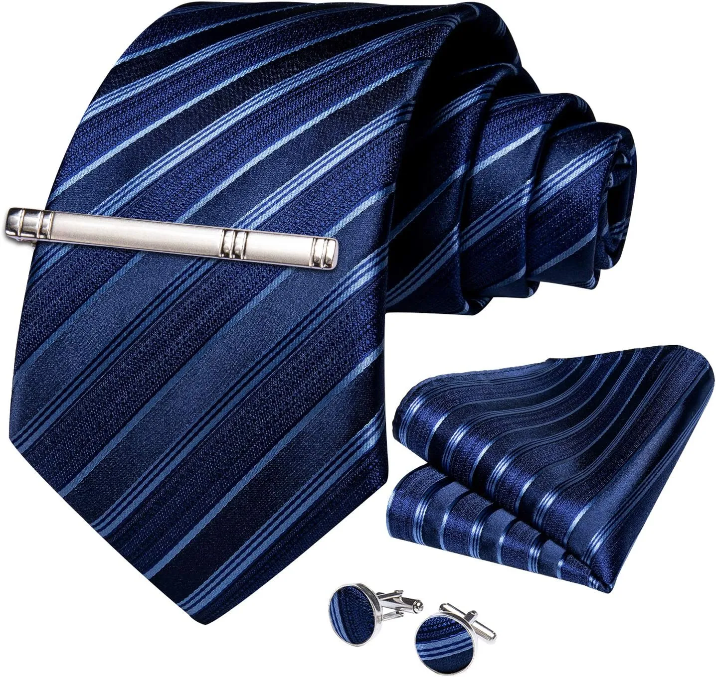 DiBanGu Mens Striped Tie Silk Woven Necktie and Pocket Square Cufflinks Tie Clip Set Wedding Business Formal Gift Tie for Men