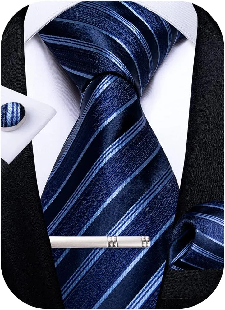 DiBanGu Mens Striped Tie Silk Woven Necktie and Pocket Square Cufflinks Tie Clip Set Wedding Business Formal Gift Tie for Men