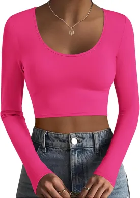Ekouaer Long Sleeve Crop Tops for Women Scroop Neck Lightweight Basic Base Layer Soft Thermal Undershirts Shirts S-XXL