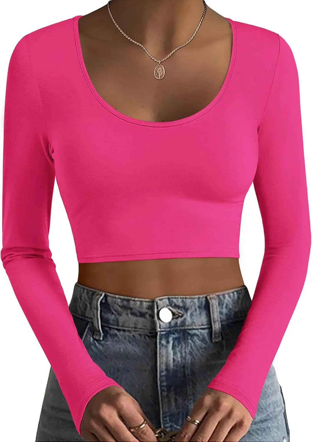 Ekouaer Long Sleeve Crop Tops for Women Scroop Neck Lightweight Basic Base Layer Soft Thermal Undershirts Shirts S-XXL