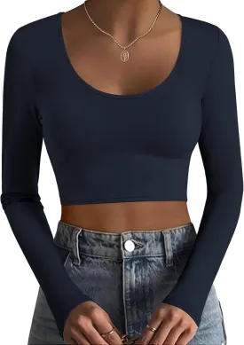 Ekouaer Long Sleeve Crop Tops for Women Scroop Neck Lightweight Basic Base Layer Soft Thermal Undershirts Shirts S-XXL