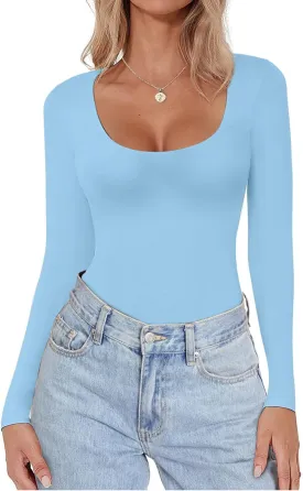Ekouaer Women Long Sleeve Shirt Scoop Neck Tops Slim Fit Basic Top Thermal Undershirts Base Layer Tee