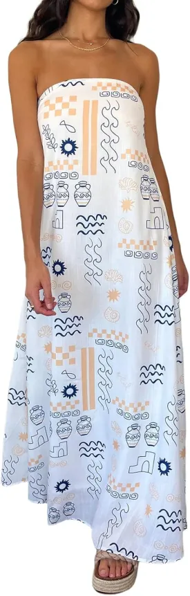 Faretumiya Womens Bohemian Floral Printed Tube Maxi Dress Strapless Off The Shoulder Flowy Boho Loose Beach Long Dress