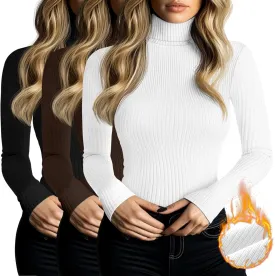 Ficerd 3 Pack Women's Ribbed Thermal Turtleneck Tops Long Sleeve Stretch Shirts Knitted Fitted Lightweight Base Layer