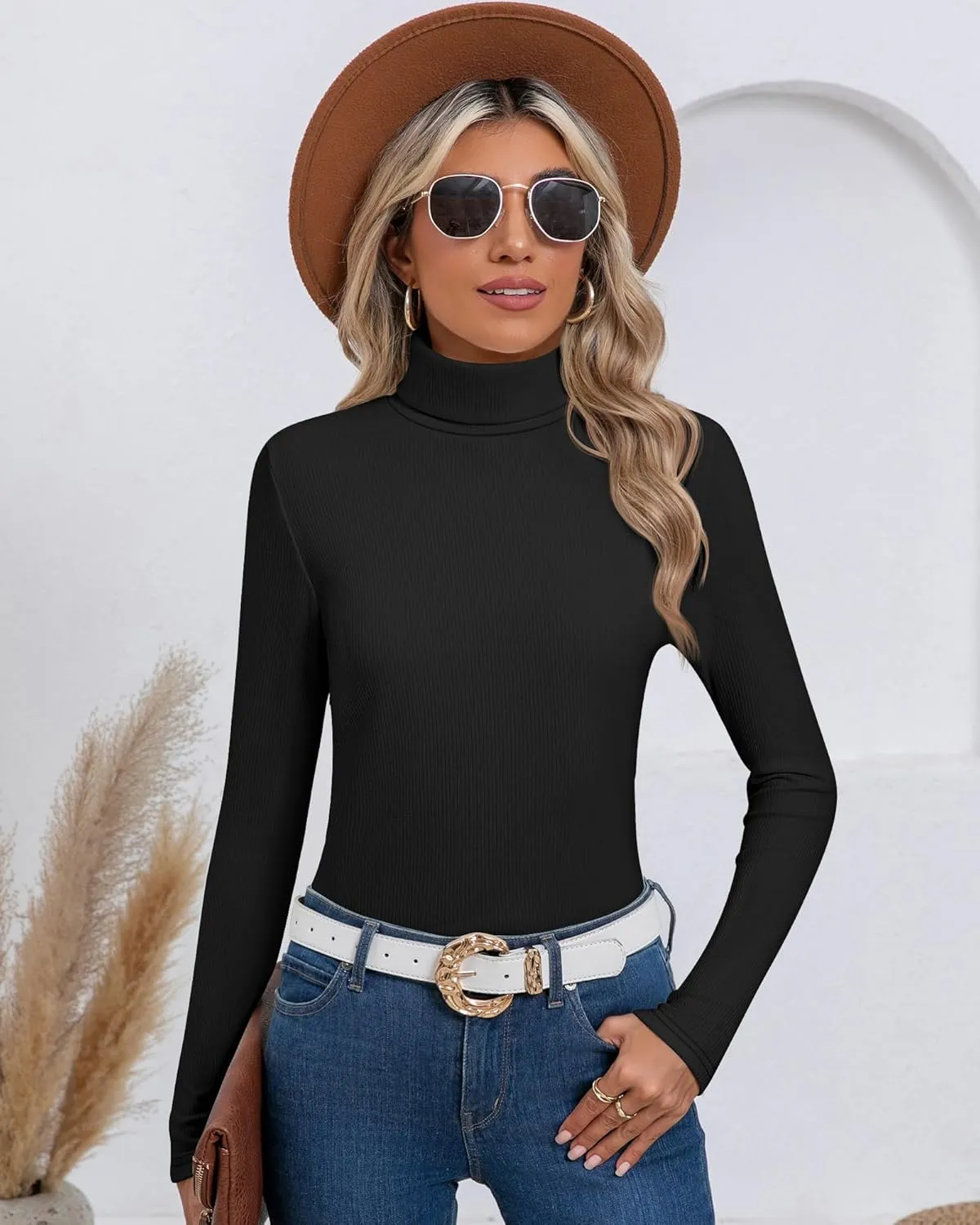 Ficerd 3 Pack Women's Ribbed Thermal Turtleneck Tops Long Sleeve Stretch Shirts Knitted Fitted Lightweight Base Layer