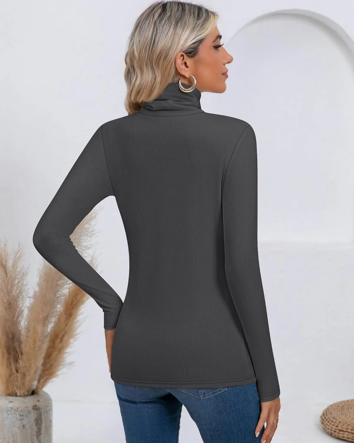 Ficerd 3 Pack Women's Ribbed Thermal Turtleneck Tops Long Sleeve Stretch Shirts Knitted Fitted Lightweight Base Layer
