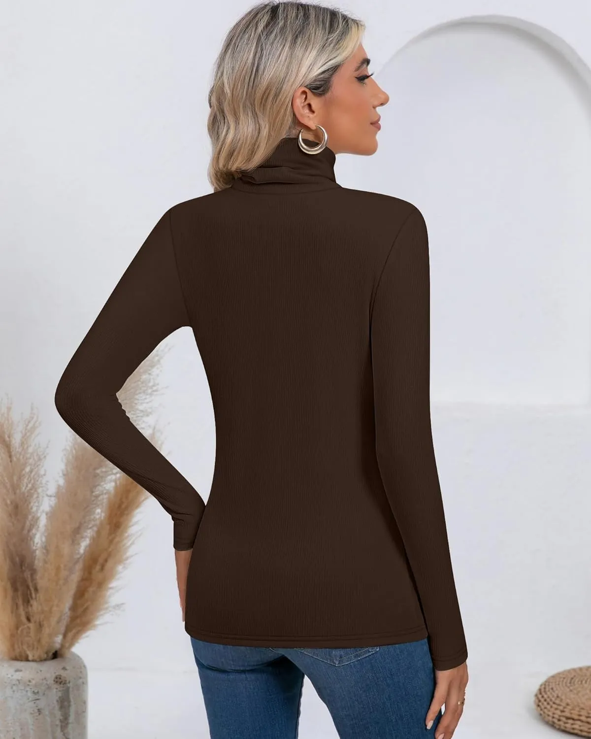 Ficerd 3 Pack Women's Ribbed Thermal Turtleneck Tops Long Sleeve Stretch Shirts Knitted Fitted Lightweight Base Layer