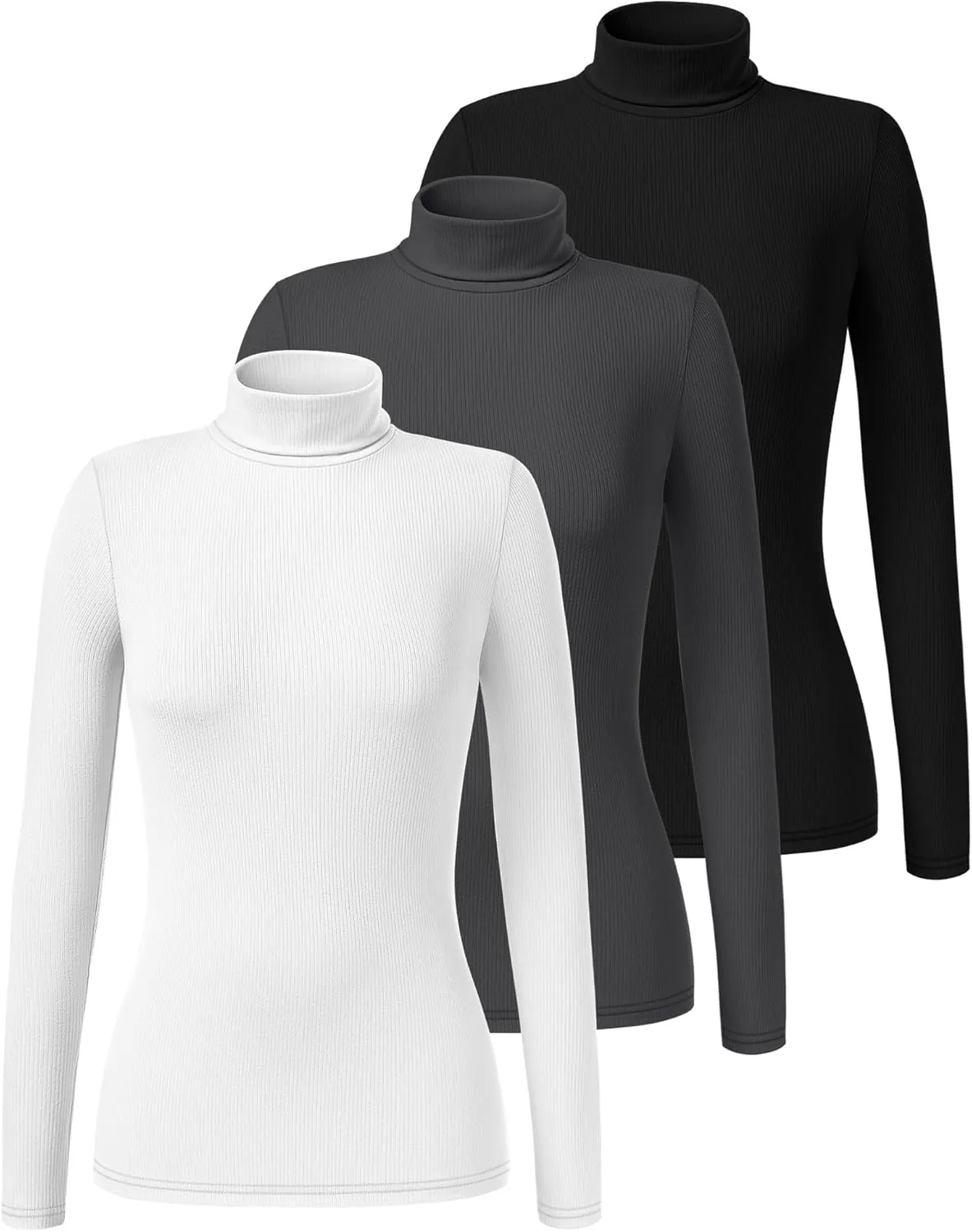 Ficerd 3 Pack Women's Ribbed Thermal Turtleneck Tops Long Sleeve Stretch Shirts Knitted Fitted Lightweight Base Layer