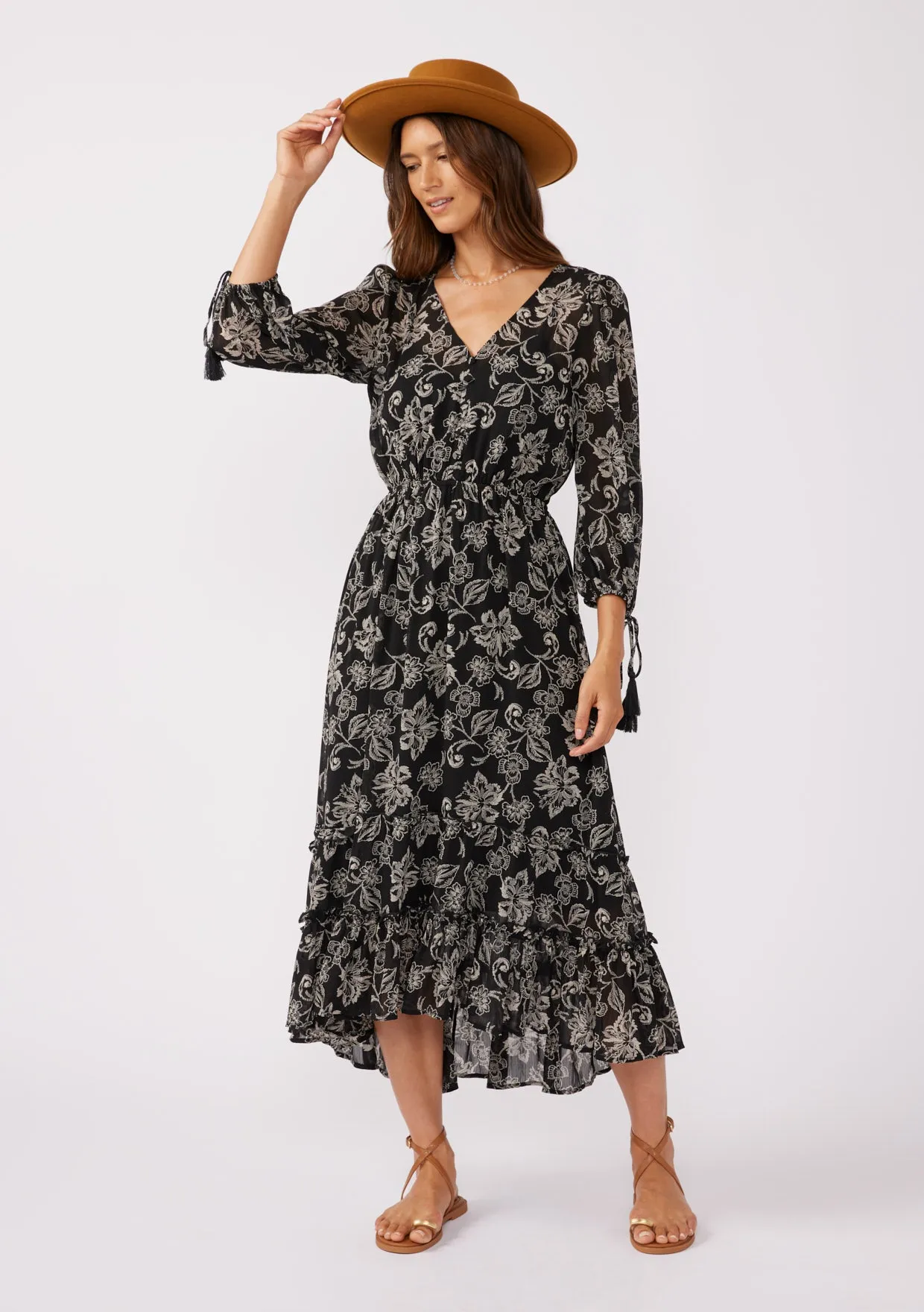 Floral V Neck Ruffled Tiered High-Low Maxi Dress