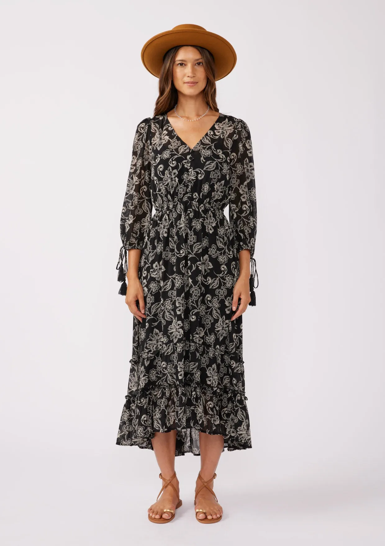 Floral V Neck Ruffled Tiered High-Low Maxi Dress