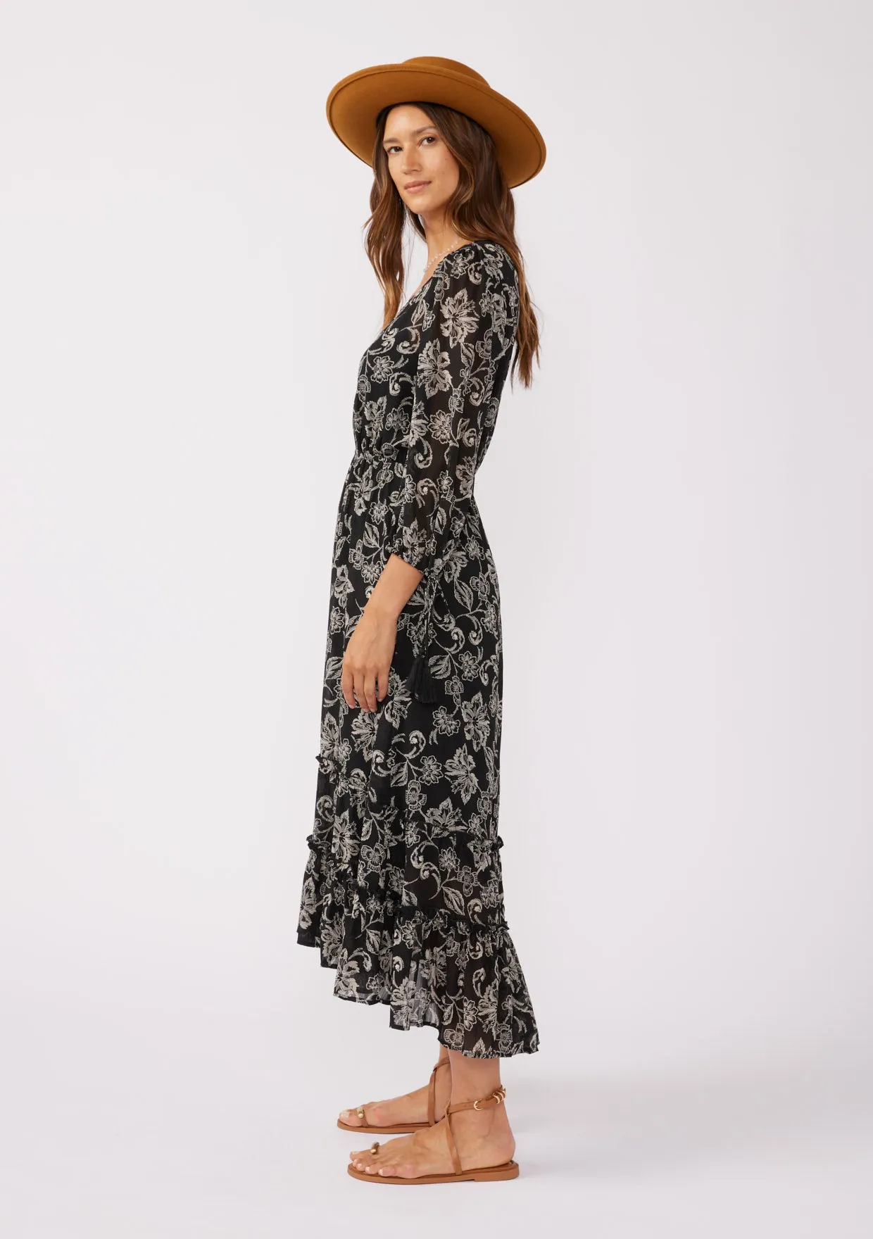 Floral V Neck Ruffled Tiered High-Low Maxi Dress