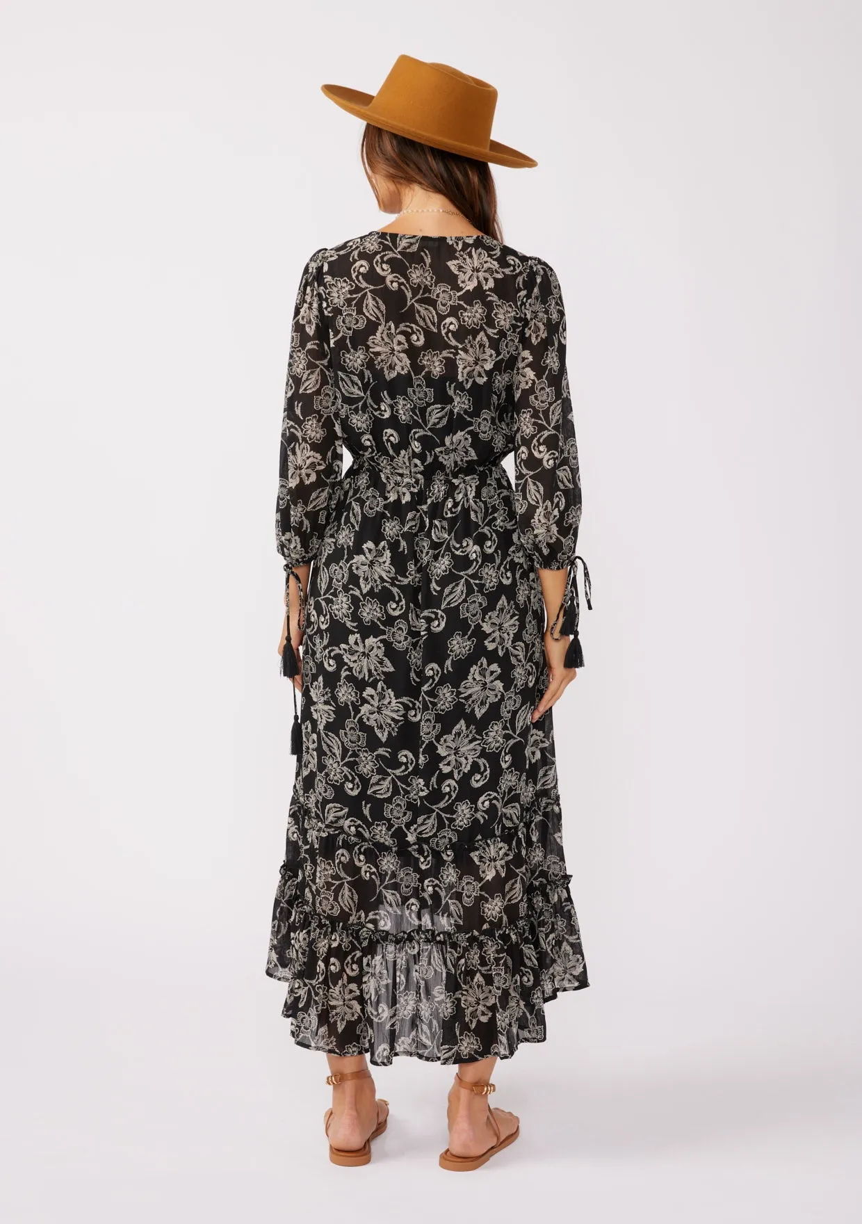 Floral V Neck Ruffled Tiered High-Low Maxi Dress