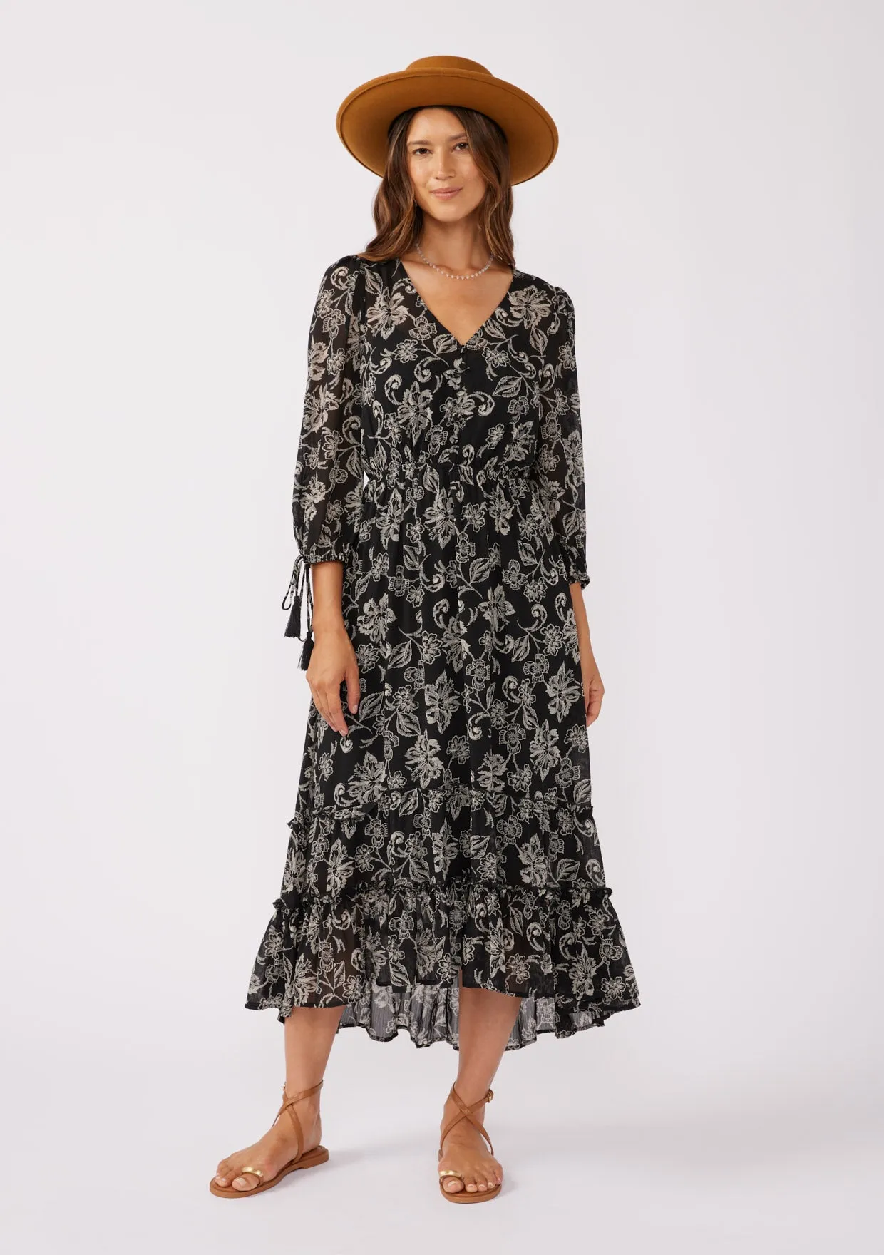 Floral V Neck Ruffled Tiered High-Low Maxi Dress