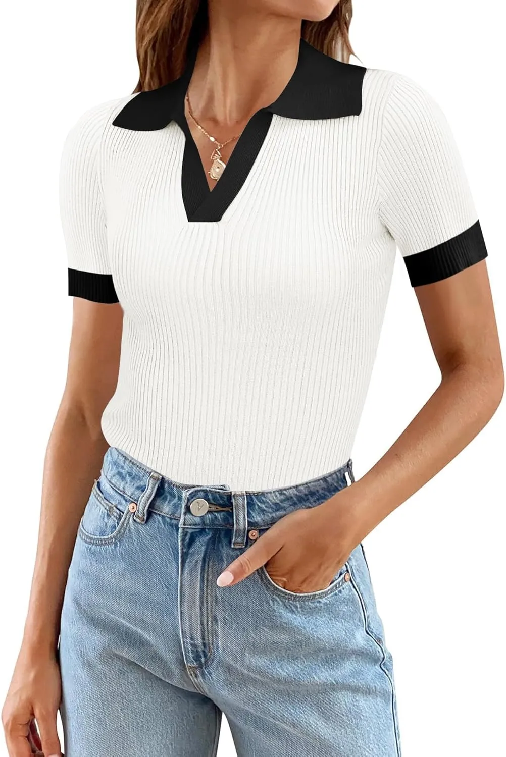 Ivicoer Womens 2025 Summer V Neck Short Sleeve T Shirts Slim Fitted Ribbed Knit Casual Tee Tops