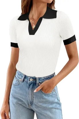 Ivicoer Womens 2025 Summer V Neck Short Sleeve T Shirts Slim Fitted Ribbed Knit Casual Tee Tops