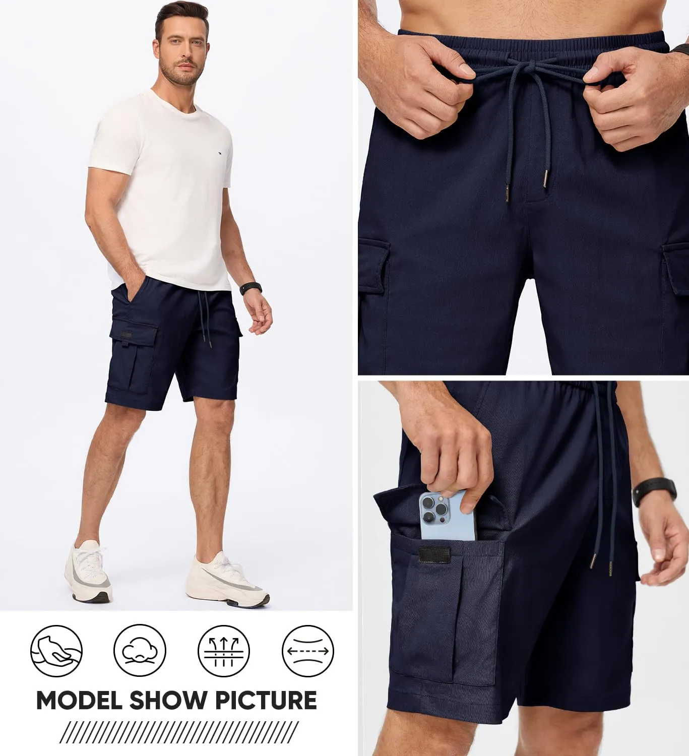 JMIERR Men's Casual Stretch Cargo Shorts Classic Drawstring Elastic Waist Summer Work Short with Multi Pockets