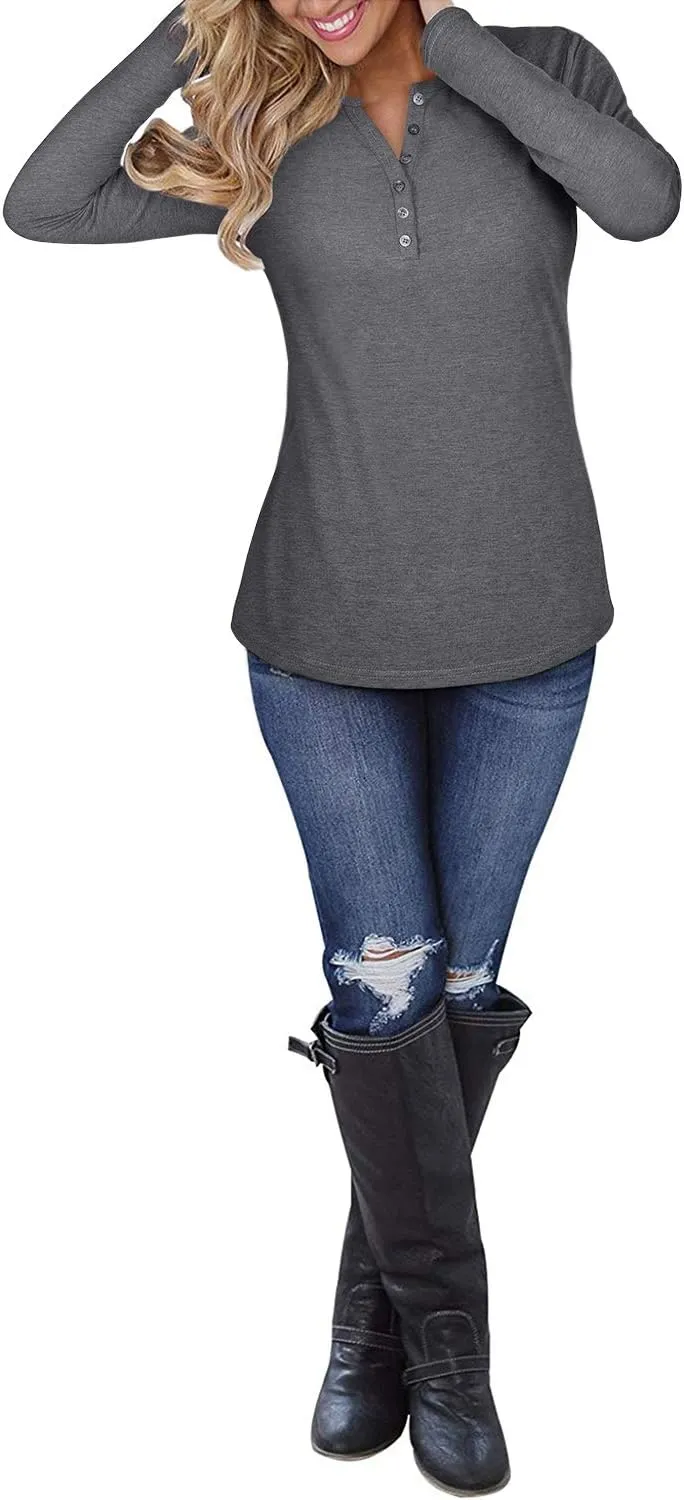 KILIG Womens 2024 Long Sleeve V-Neck Button Loose Casual Henley Tunic Tops T Shirt Fashion