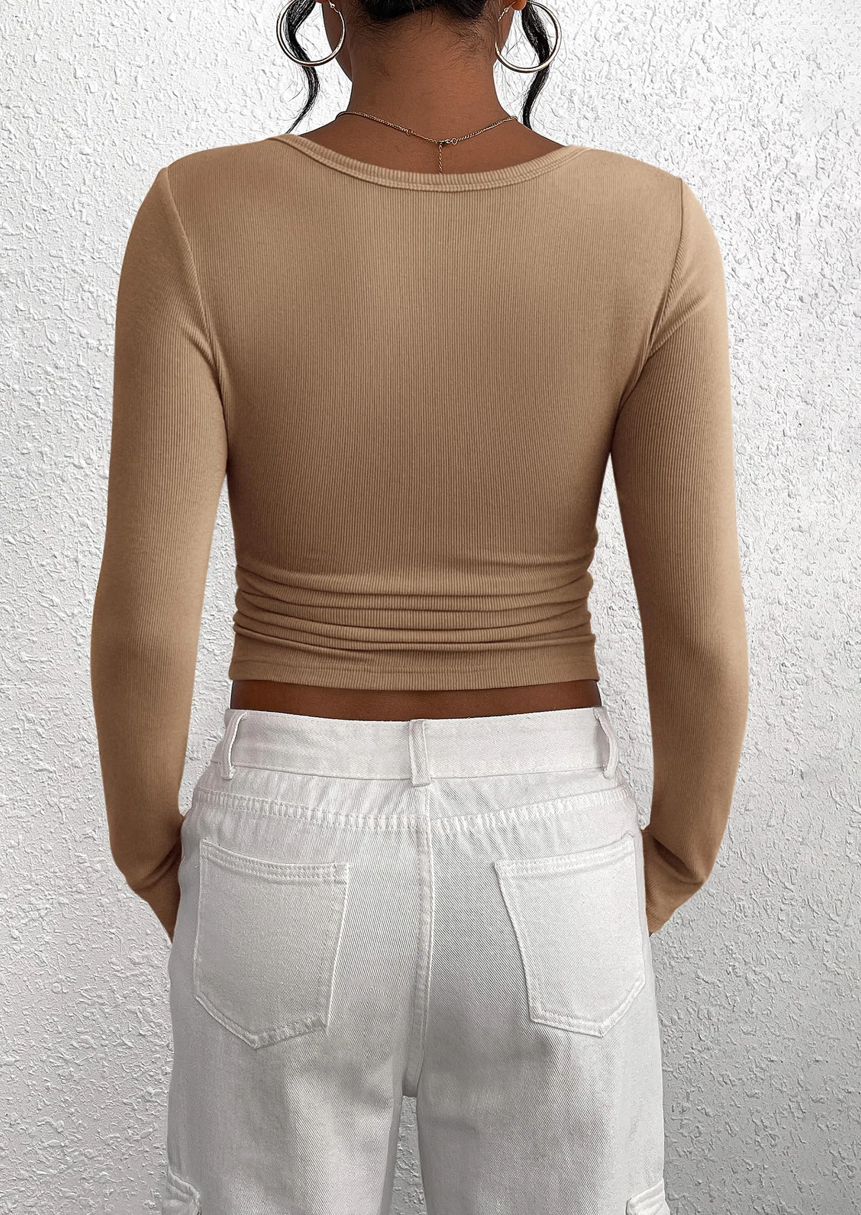 Long Sleeve Henley Button Down Ribbed Knit Slim Fit Casual T-shirts