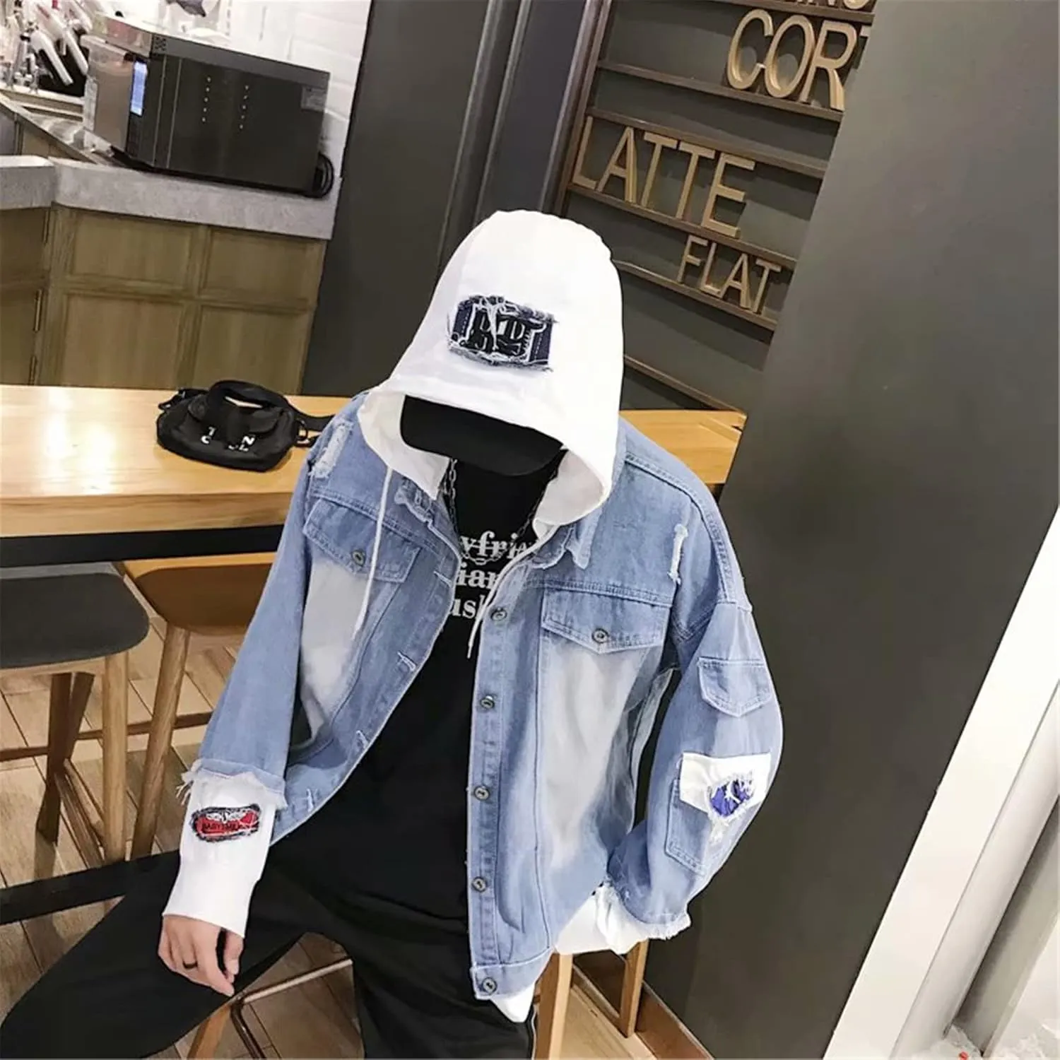 Lpstop Skull Rose Denim Hoodie Skull Print Jacket Rose Flower Hoodie Denim Jacket for Women Men