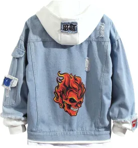 Lpstop Skull Rose Denim Hoodie Skull Print Jacket Rose Flower Hoodie Denim Jacket for Women Men