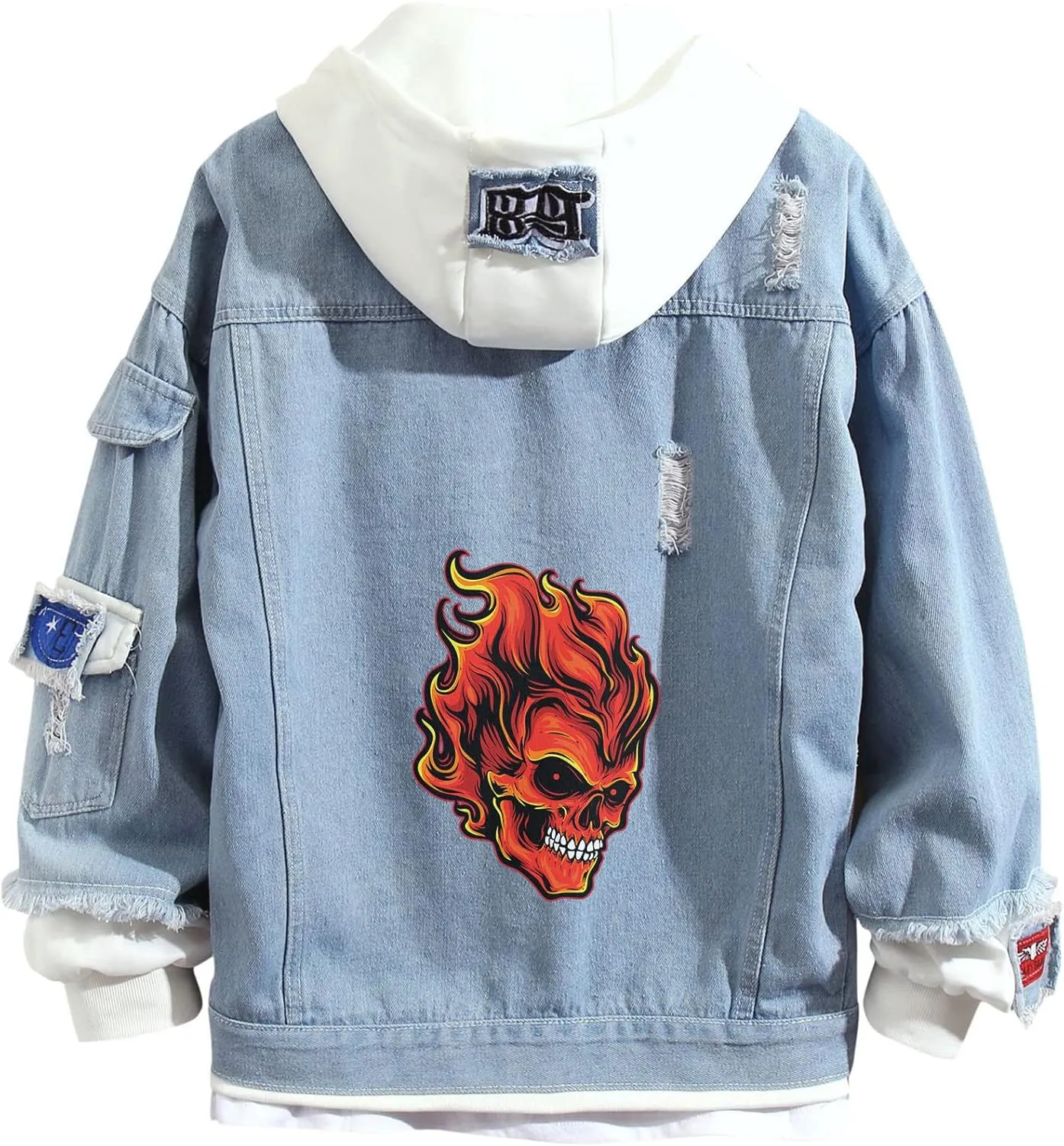 Lpstop Skull Rose Denim Hoodie Skull Print Jacket Rose Flower Hoodie Denim Jacket for Women Men
