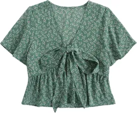 LYANER Women's Floral Print V Neck Tie Knot Ruffle Hem Short Sleeve Blouse Peplum Top
